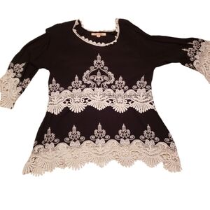 Magnolia Lane black w/ white lace embroidery blouse
